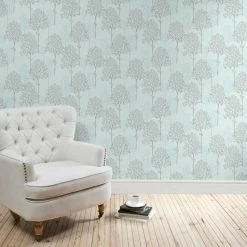 Dunelm Spriggy Trees Duck Egg Wallpaper