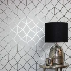 Fine Décor Wallpaper Platinum Geo Trellis Silver Vinyl Wallpaper