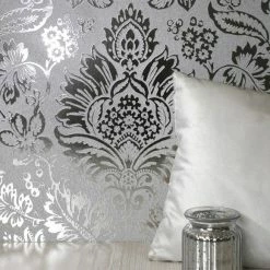Fine Décor Wallpaper Platinum Damask Silver Vinyl Wallpaper