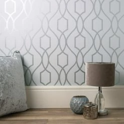 Fine Décor Wallpaper Apex Trellis Sidewall Silver Wallpaper