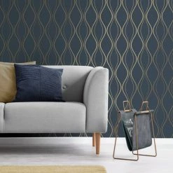 Platinum Rosco Foil Wave Navy Wallpaper