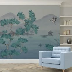 Dunelm Cranes Teal Mural -Hot Sale rugs Shop 30776368 alt02