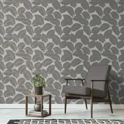 Fine Décor Wallpaper Larson Leaf Charcoal Wallpaper