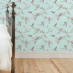 Dunelm Beautiful Birds Duck Egg Wallpaper