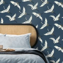 Dunelm Flying Cranes Navy Wallpaper